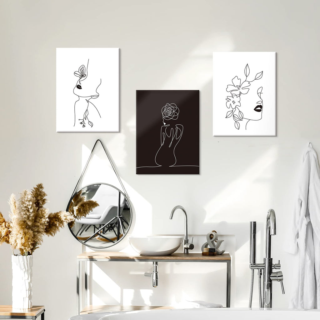 Minimalist Line Art Prints Set of 3 Abstract Women Faces Flower Wall Art Black and White Line Drawing Painting Modern
