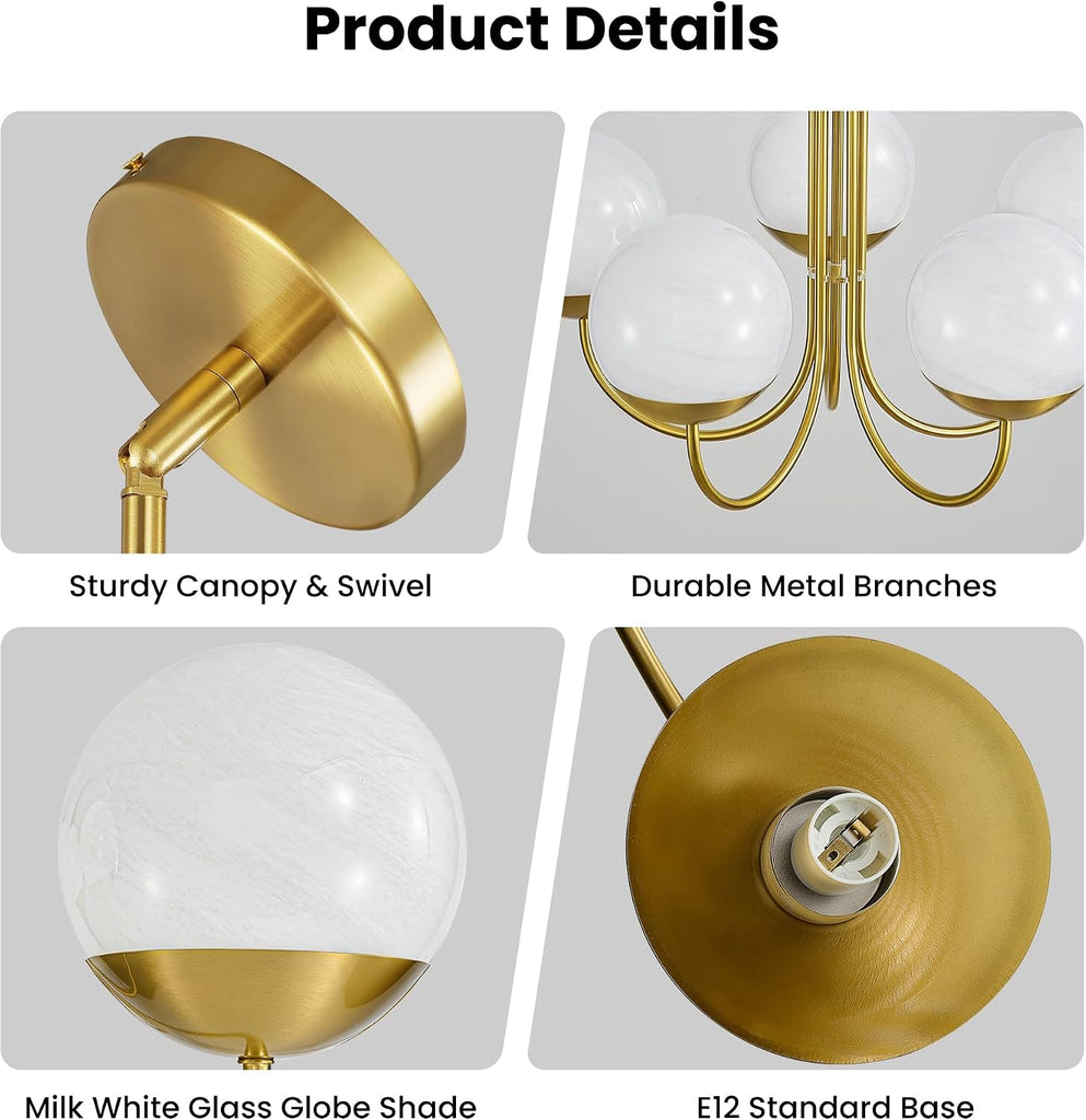 5-Light Modern Gold Chandelier, Mid Century Sputnik Globe Pendant Light with Milk White Glass Shades, Height