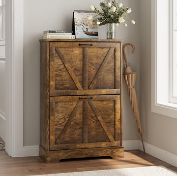 Shoe Cabinet, Shoe Storage Cabinet with 2 Flip Drawers, Narrow Farmhouse Shoe Organizer Cabinet, Slim Shoe Rack