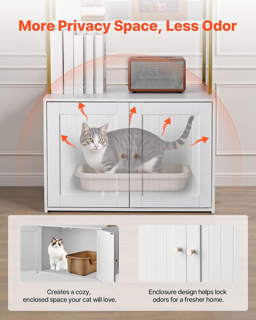 Cat Litter Box Enclosure Furniture, 27.6 in Hidden Litter Box Cabinet with Metal Legs & 2-Tier Storage Shelves