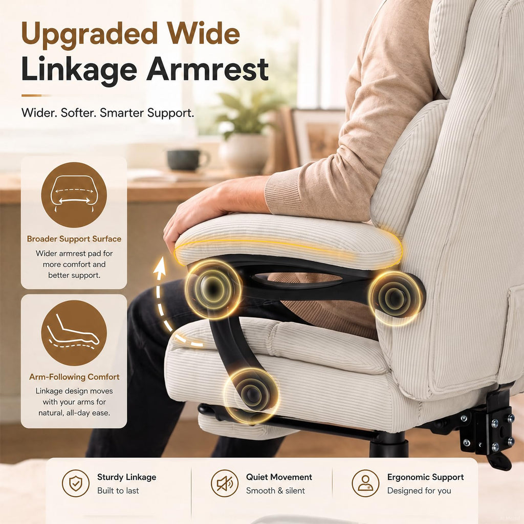 Big&Tall Ergonomic Gaming Chair, Wide Spring Seat, Linkage Armrest, White