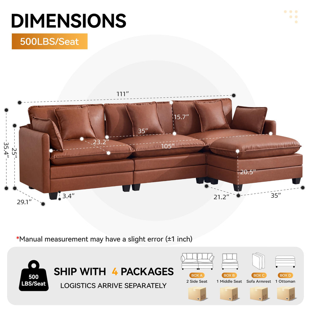Modular Cloud Sectional Sofa, 111'' L Shaped Cloud Deep Seat Sofa, D-Brown