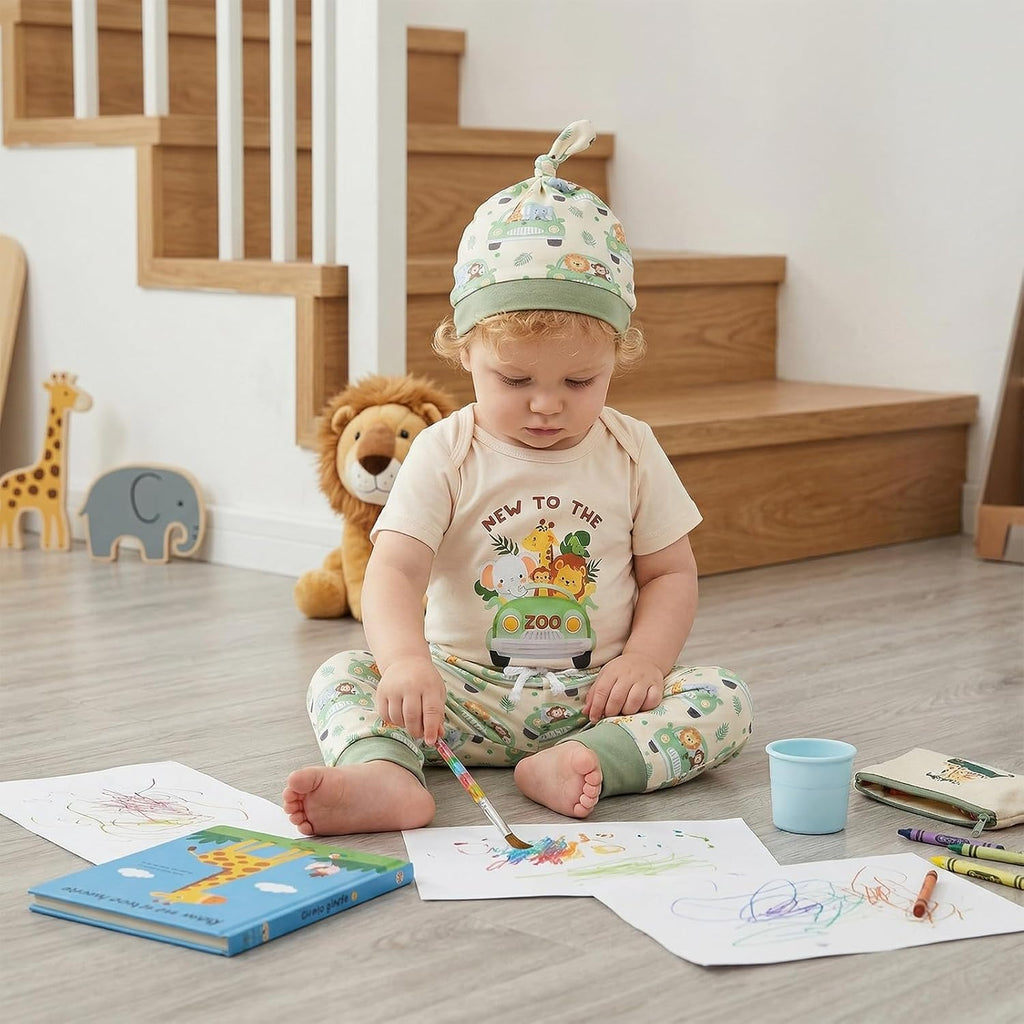 Newborn Baby Boy Clothes Zoo Animals Short Sleeve Romper Shirt Top Pants Hat Set Summer Outfits
