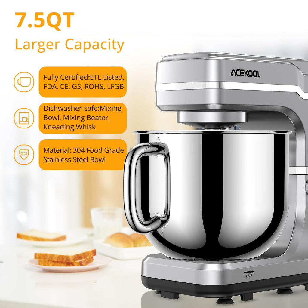 Stand Mixer, 7.5QT 660W Electric Stand Mixer with 10-Speed Tilt-Head, Stainless Steel Bowl, 3-IN-1 Dough Mixer for