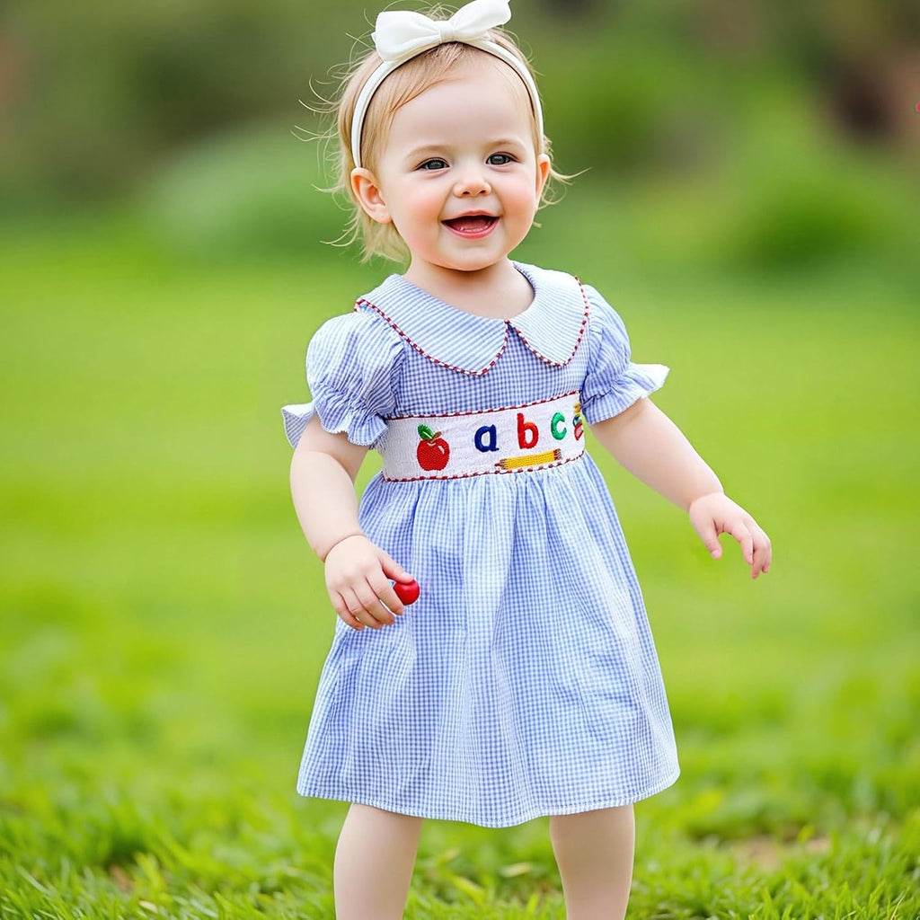 Toddler Baby Girl Back to School Outfit First Day of School ABC Short Sleeve Dress Plaid Collared Princess Dresses