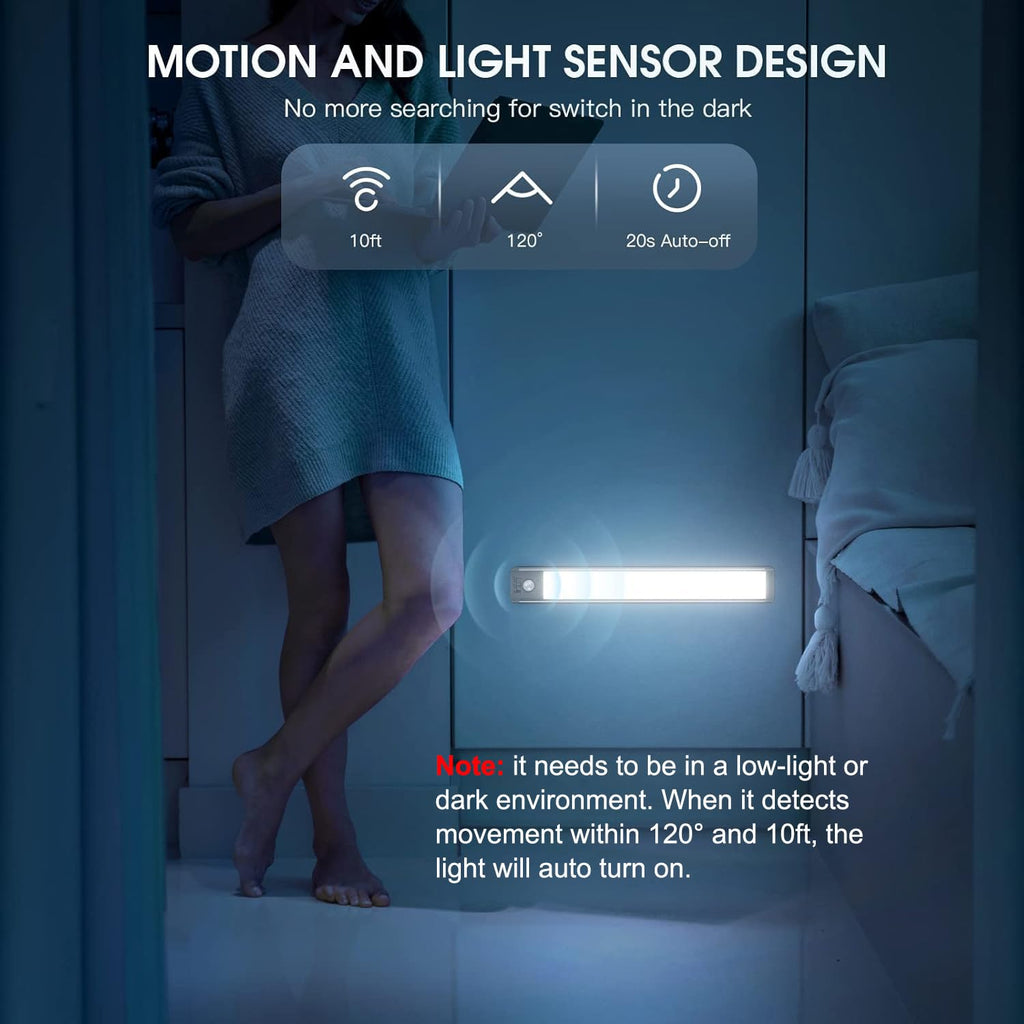 10inch Under Cabinet Lighting with 3 Color Temps, 2 Pack Rechargeable Motion Sensor Light Indoor, 5 Levels Dimmable