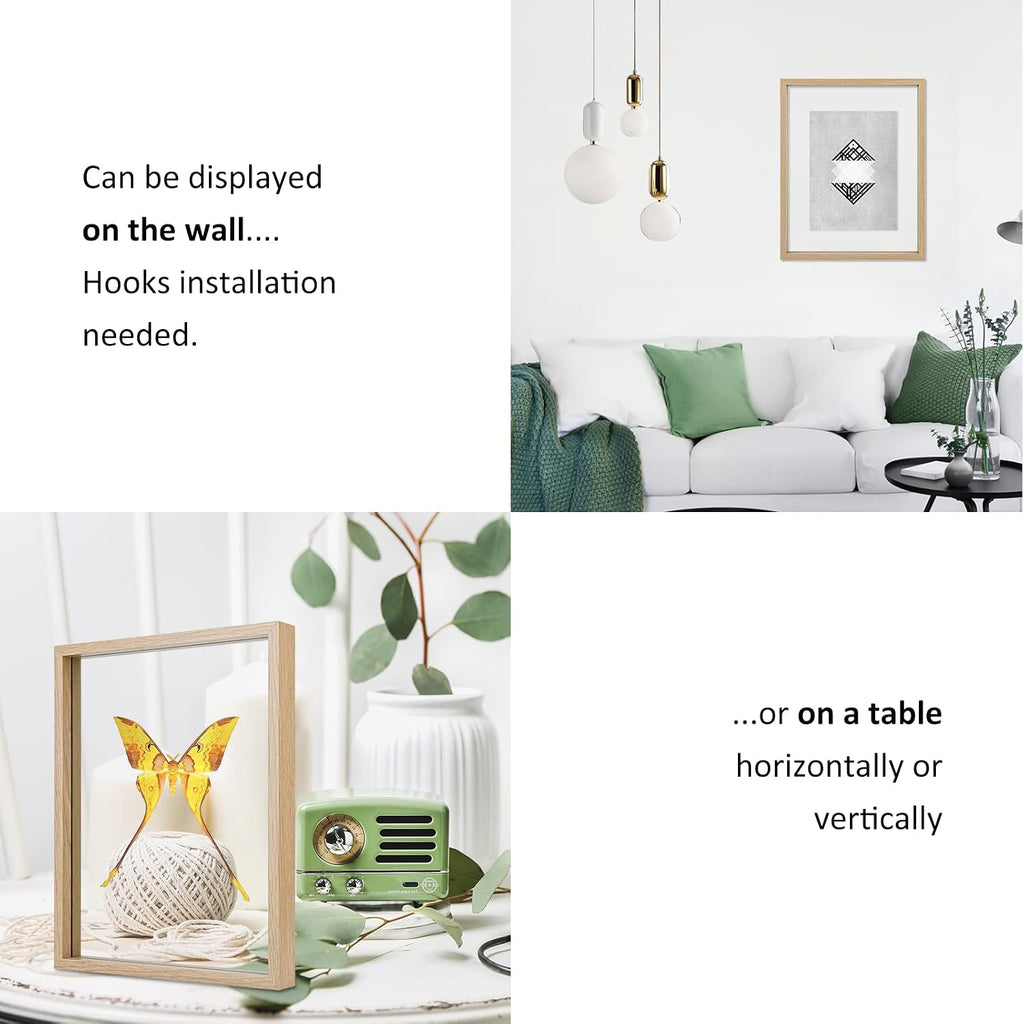 12x16 Floating picture Frames Set of 2,Double Glass Frame,Display Any Size Photo up to 12x16,Wall Mount or Tabletop