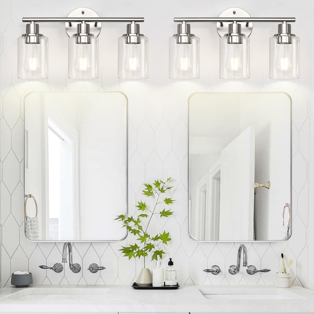 3-Light Bathroom Light Fixtures, Brushed Nickel Vanity Light, Farmhouse Wall Lights with Clear Glass Shade, Bathroom