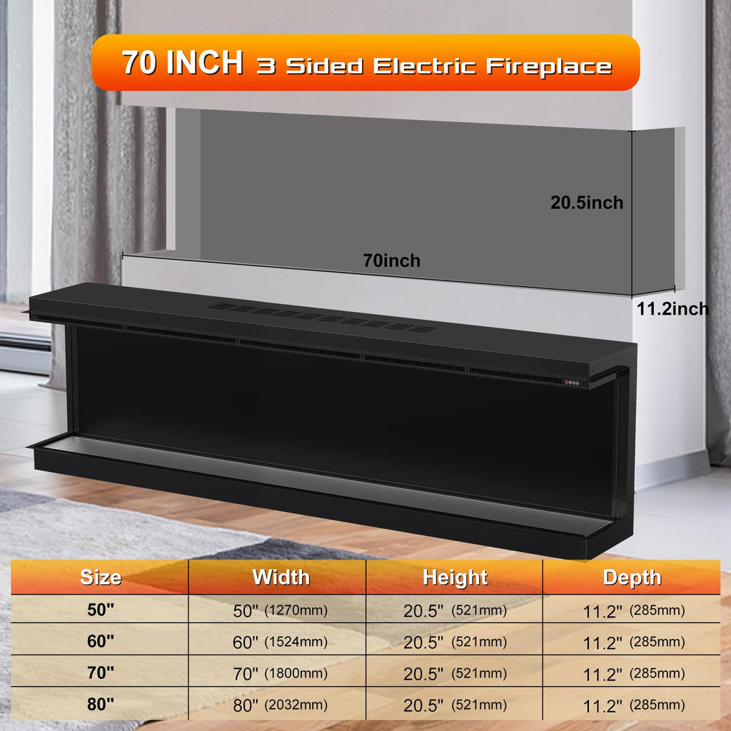 71 inch 3 Sided 3D Mirrored Electric Fireplace Inserts, Smart WiFi Built-in Linear Fire Place Heater 1500/750W with