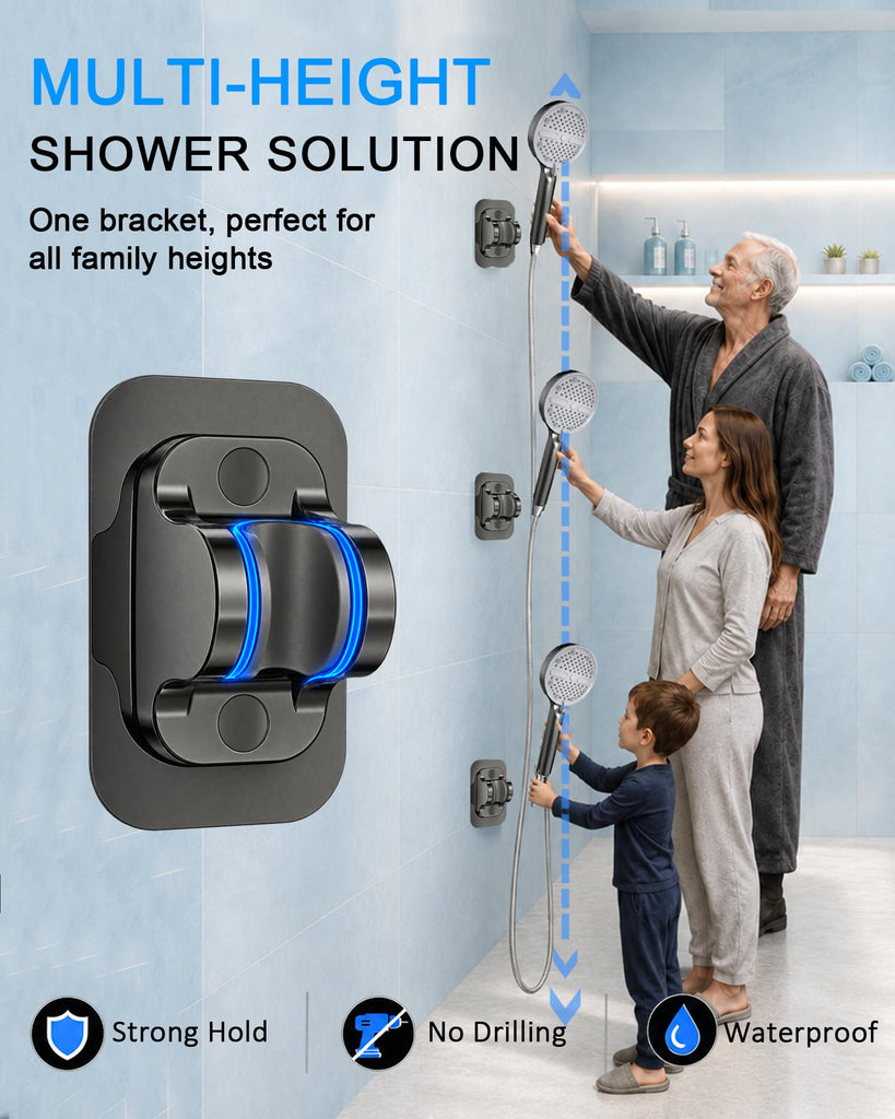 High Pressure Shower Head, Stick-on Low Mount Wall Bracket, Grey