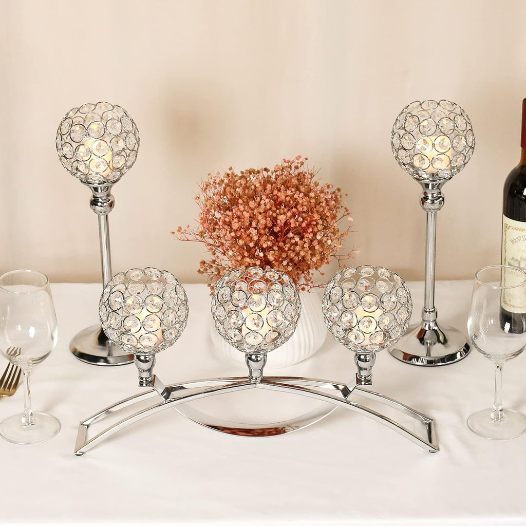 Silver Crystal Candle Holders, Decorative Arch Candelabra Centerpieces for Tables, 3-Arm Candlesticks Holder and 2