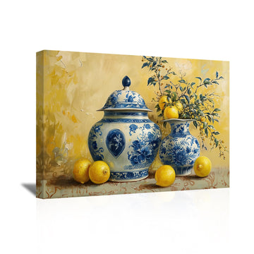 Lemon Wall Art Kitchen Picture Vintage Citrus Fruit Canvas Prints Yellow Lemon with Pottery Blue Classical Painting