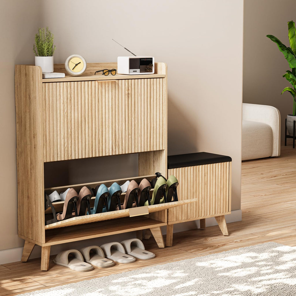 Shoe Cabinet with Bench, Fluted Entryway Shoe Storage with 2 Flip Drawers, Narrow Hidden Organizer, Adjustable Shelf