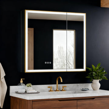 36x32 Premium Gold Framed Medicine Cabinet Mirror with Lights, Anti-Fog/3-Color/Dimmable, Aluminum, Plug-in &