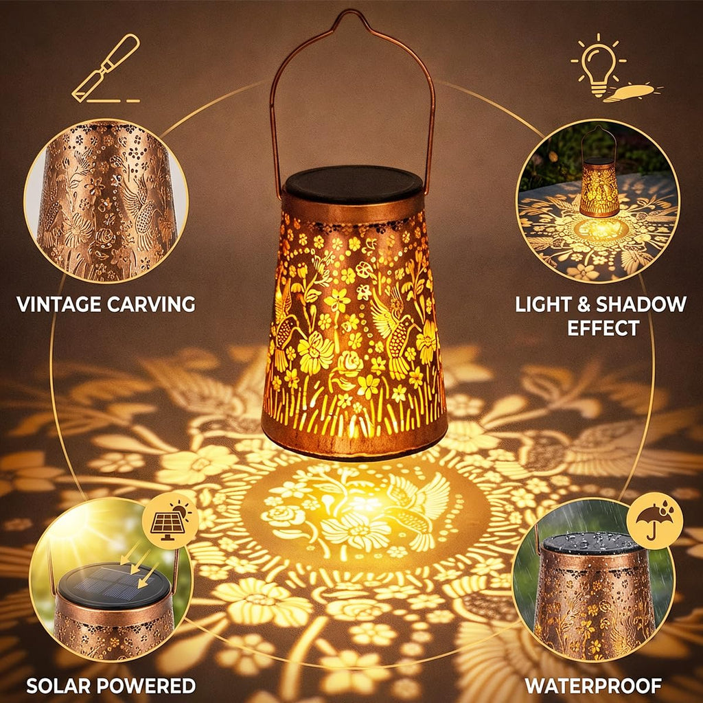 Hummingbird Solar Lanterns, Hanging Garden Lights, 2 Pack, Copper