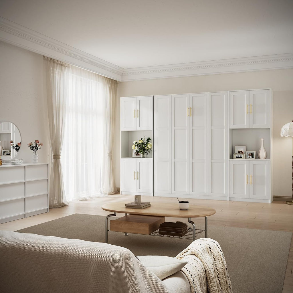 Farmhouse Murphy Bed Queen, 85" Wall Bed Folds to Save Space, Concealed Bed Frame with 2 Storage Cabinets and Wall