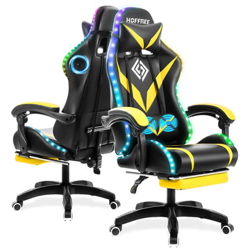 Gaming Chair Massage with Bluetooth Speakers and Led Lights Ergonomic Computer Gaming Chair Yellow and Black