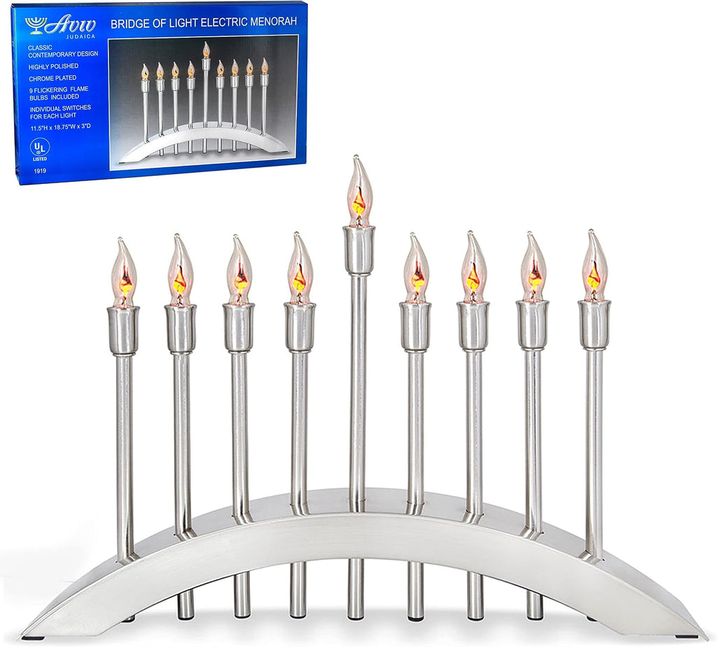 Hanukkah Electric Brushed Stainless Steel with Flickering Flame Bulbs Candles 9 Branch Hanukkiah for Chuanukah
