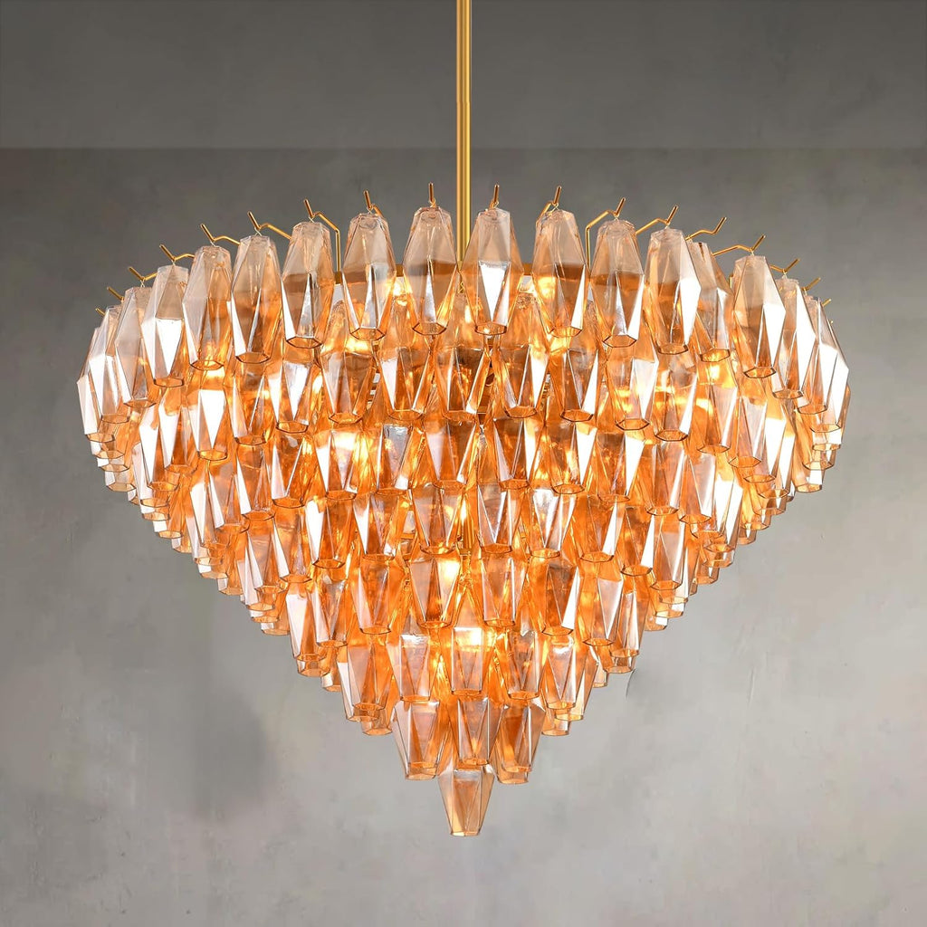 Gold Round Chandelier, 36" Large Brass Chandeliers for Dining Room, 20-Light with Clear Amber Glass Tiered Chandelier for Living Room, Modern Chandeliers for Bedroom, Kitchen Island, Entryway A118-B0F1863Y22