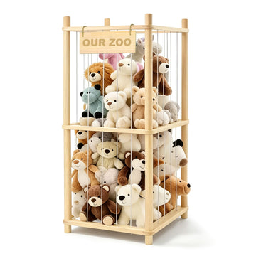 Stuffed Animal Storage, Wood Stuffed Animal Zoo Storage with Brake Wheels, Space Save Toy Organizer, Large Capacity