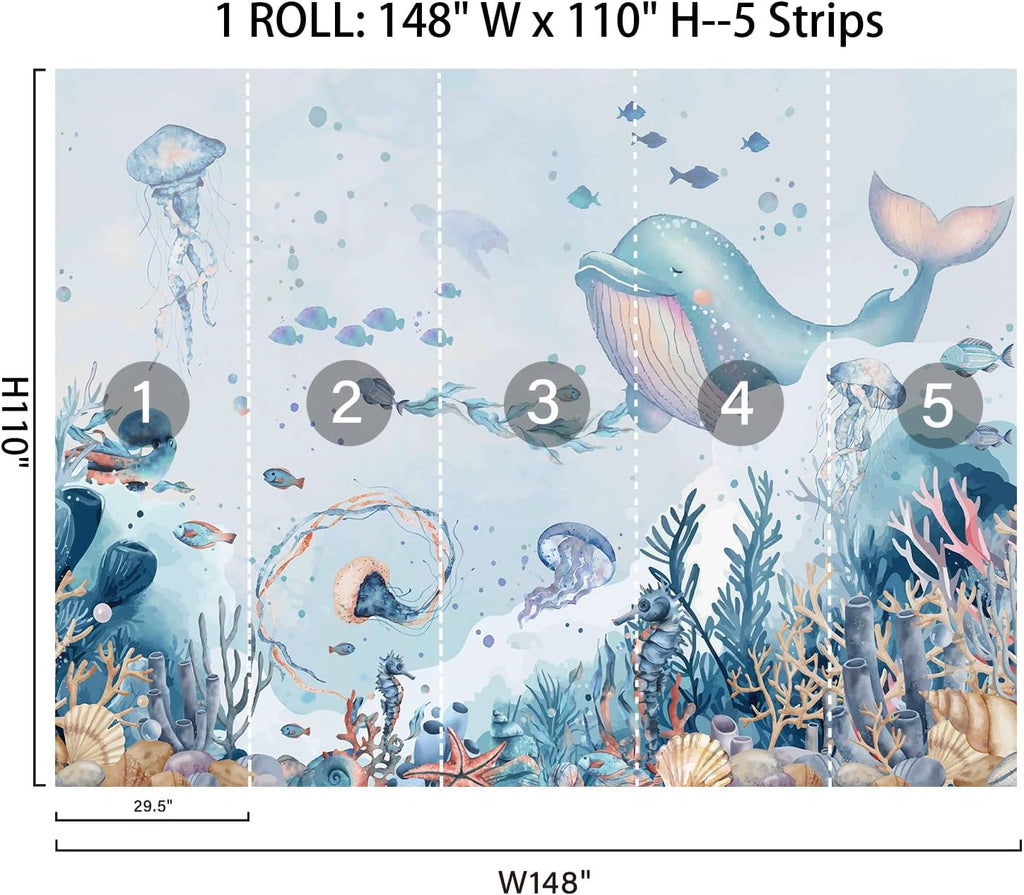 Large Kids Room Blue Ocean Theme Nursery Wallpaper Mural Peel and Stick | 148"W x 110"H Cartoon Undersea World Ocean