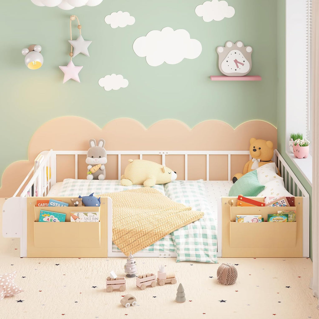 Floor Bed for Kids with Safety Guardrails, Montessori Bed White