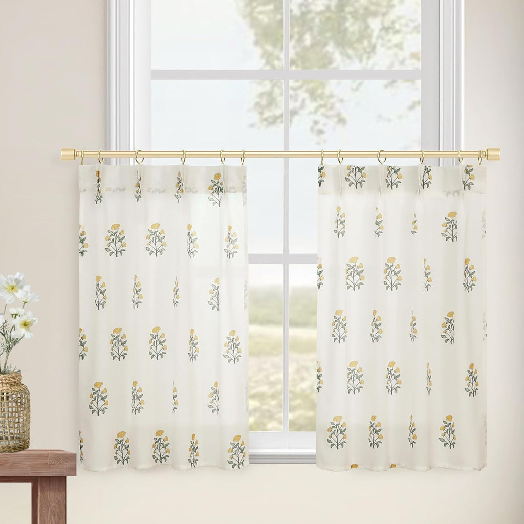 Short Curtains for Windows,Floral Patterned Sheer Privacy Cute Modern Farmhouse Pinch Pleated Decorative Curtains - Set of 2