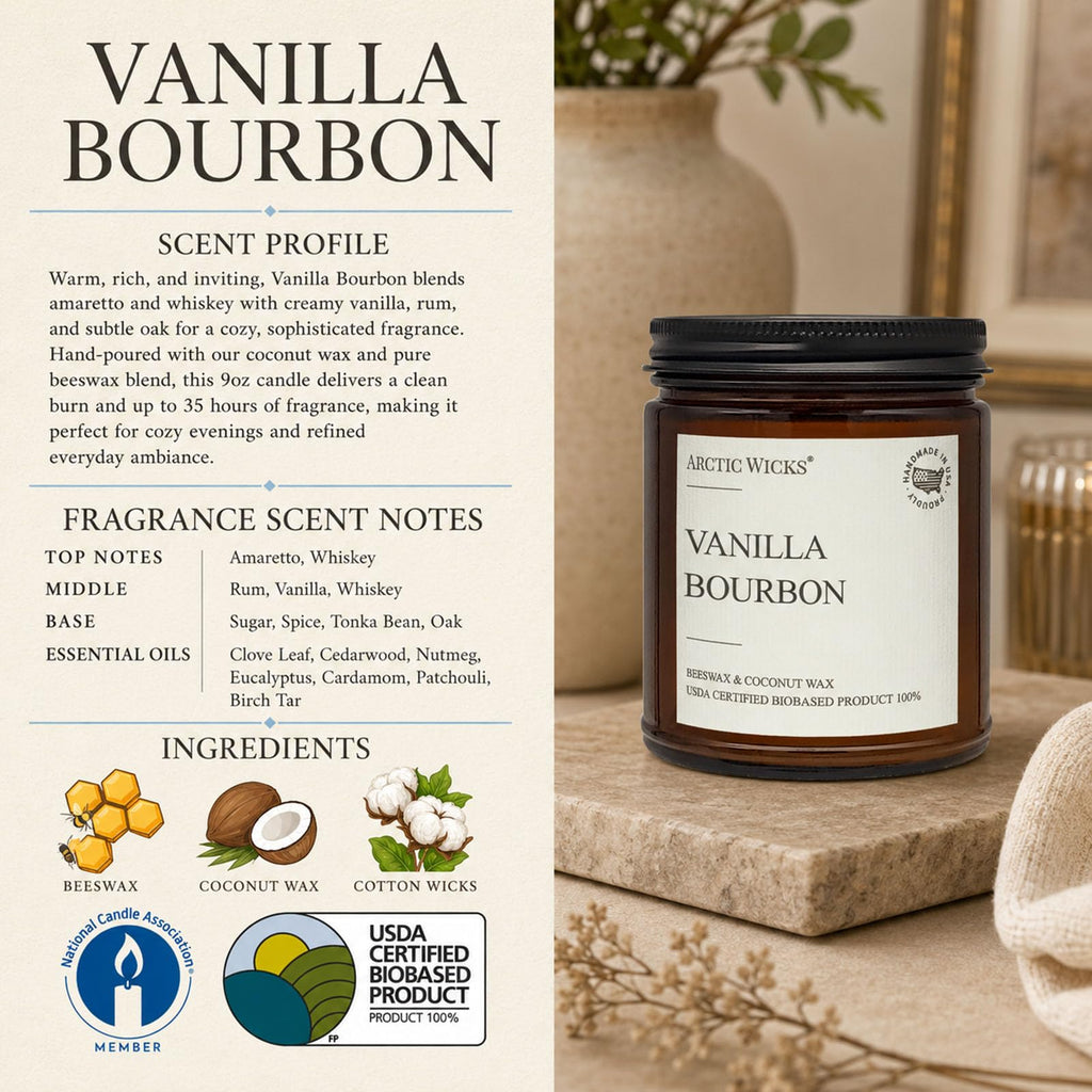 Vanilla Bourbon Candle, 9oz Coconut Beeswax, Non-Toxic