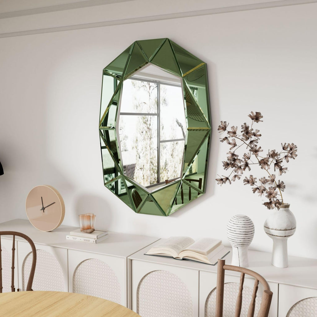 Oval Diamond-Shape Wall Mirror: Green Mirror Frame 39.4x27.5 inch