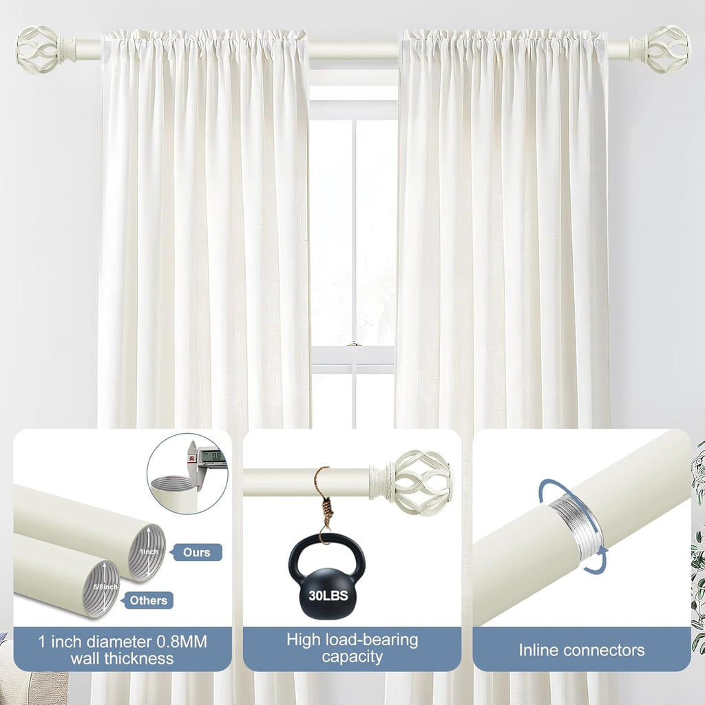 White Decorative Farmhouse Curtain Rod: Heavy Duty Single Window Curtain Rod for Bedroom Living Room