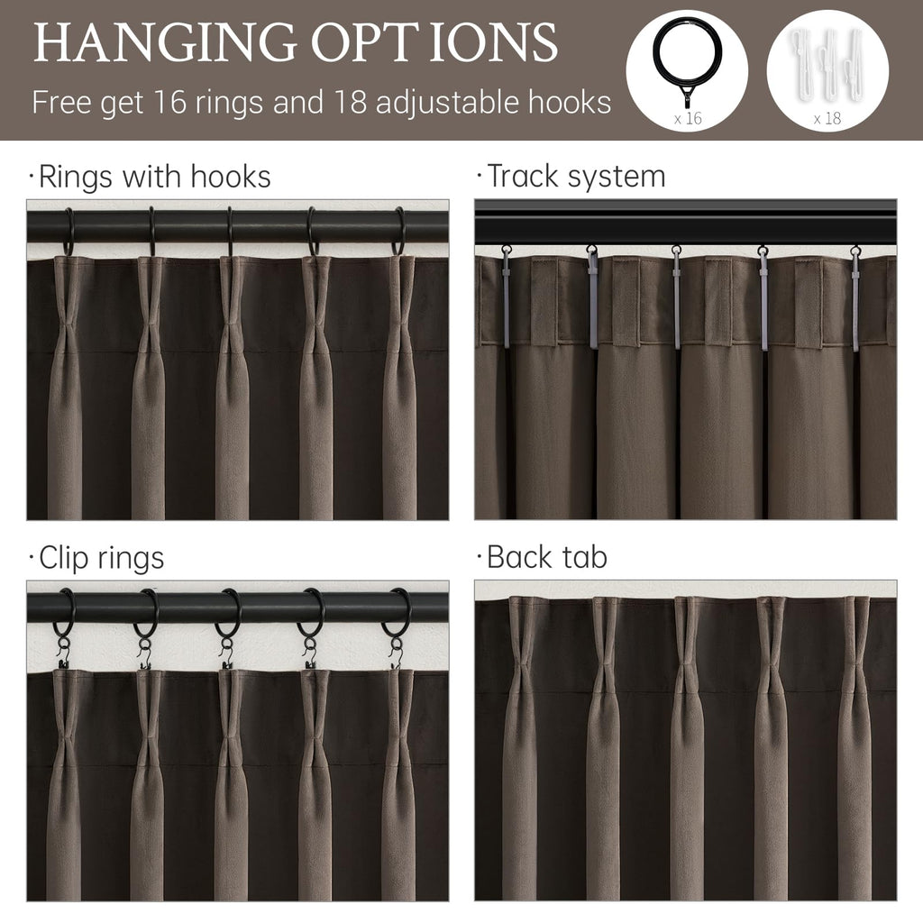 108 Inches Long Dark Taupe Velvet Curtains Bedroom Large Window, Elegant Vintage Room Darkening Blackout Pinch Pleated