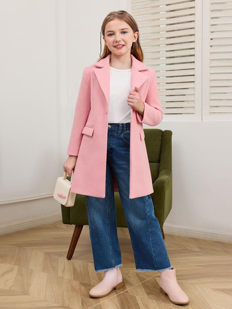 Girls Dress Coat Single-Button Lapel Long Jacket