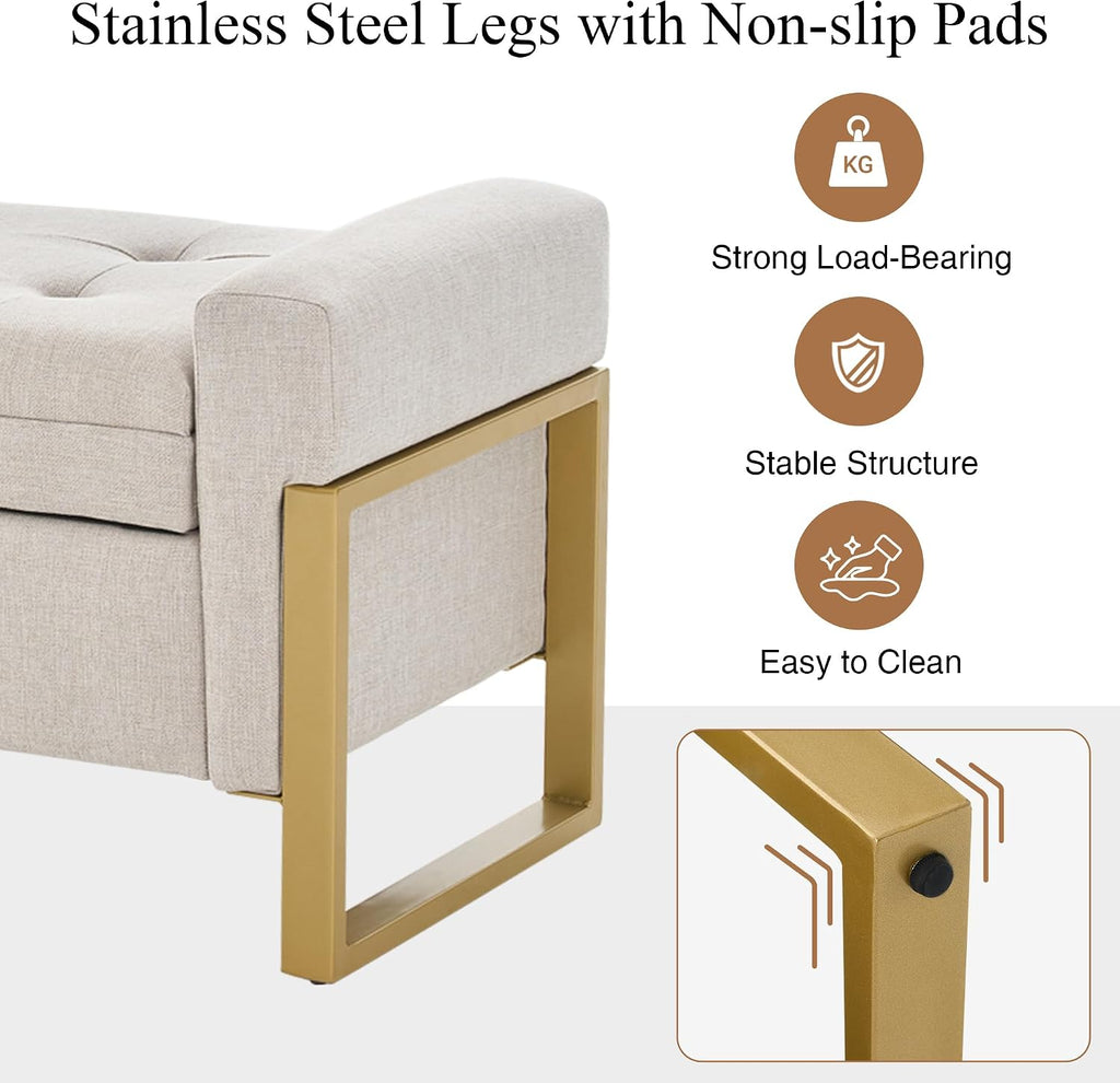 57" Storage Ottoman Bench, Upholstered End of Bed Bench, Beige | Metal Legs & Button-Tufted, Linen Ottoman with