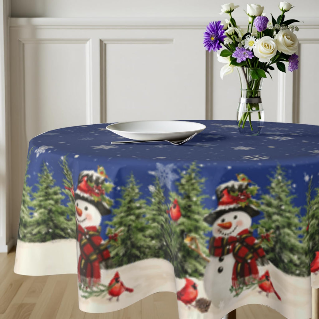 Christmas Round Tablecloth 70 Inch Snowman Winter Table Cover