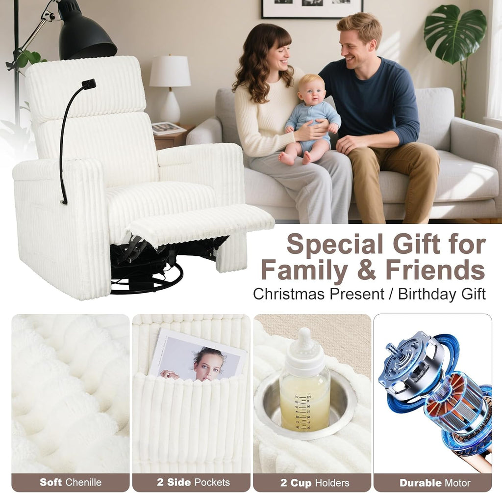 Power Recliner Rocking Chair Nursery, Swivel Glider, White | Premium Corduroy Rocker with USB-A & USB-C Ports, Arm