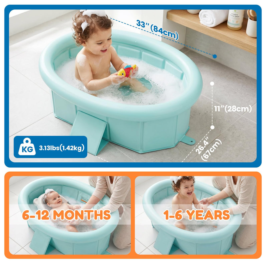 Portable Toddler Bathtub with Inflatable Top Edge & Side Drain Plug