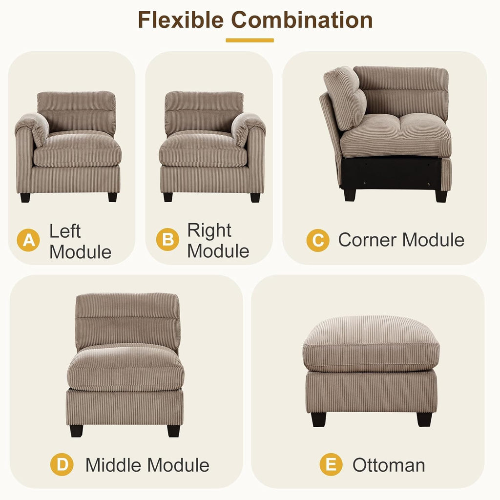 115" Modular Sectional Sofa Couch with Movable Ottoman, Oversized Corduroy U Shaped Sectional Couches with Rolled