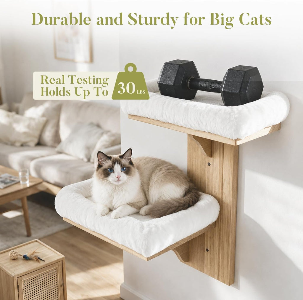 2-Tier Cat Wall Shelves with Bolstered Bed, Solid Wood Wall Mounted Cat Steps and Perch for Single Stud Drywall