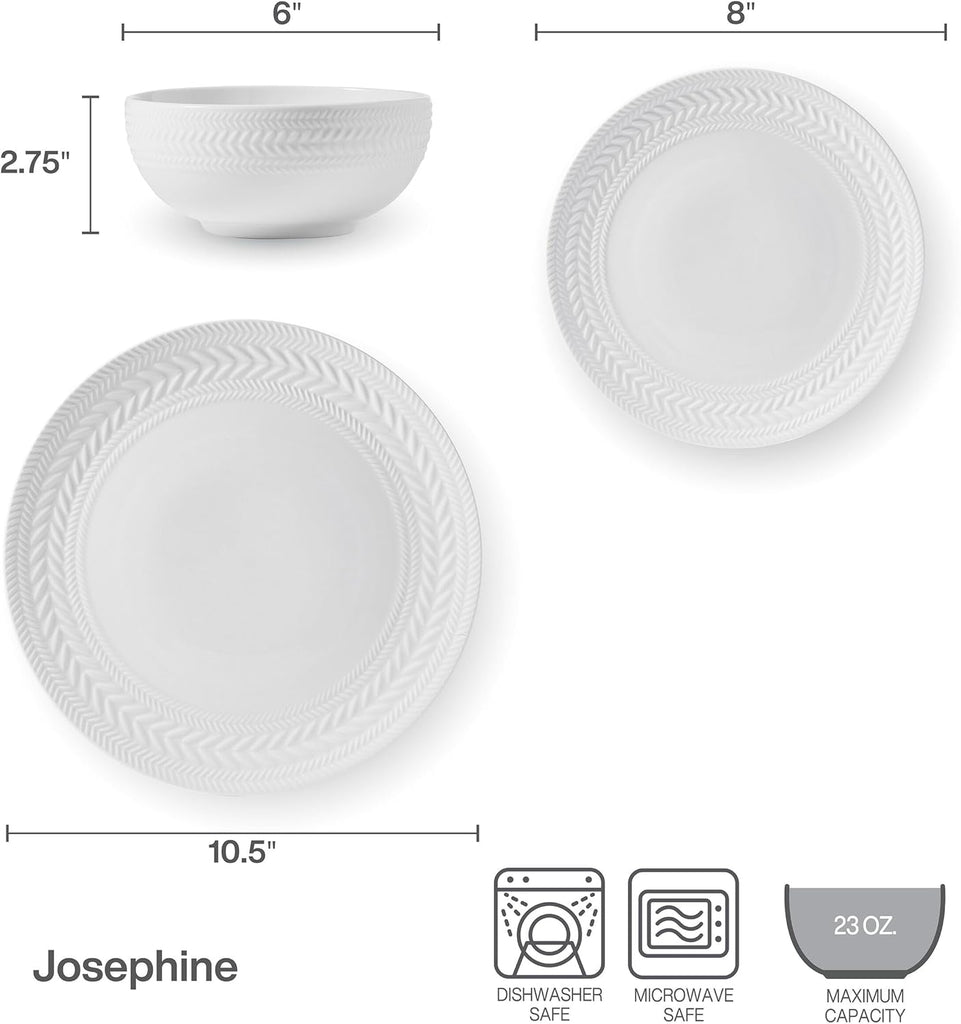 Josephine 24-Piece Dinnerware Set, Porcelain Dish Set with Embossed Basket Weave Design, Service for 8