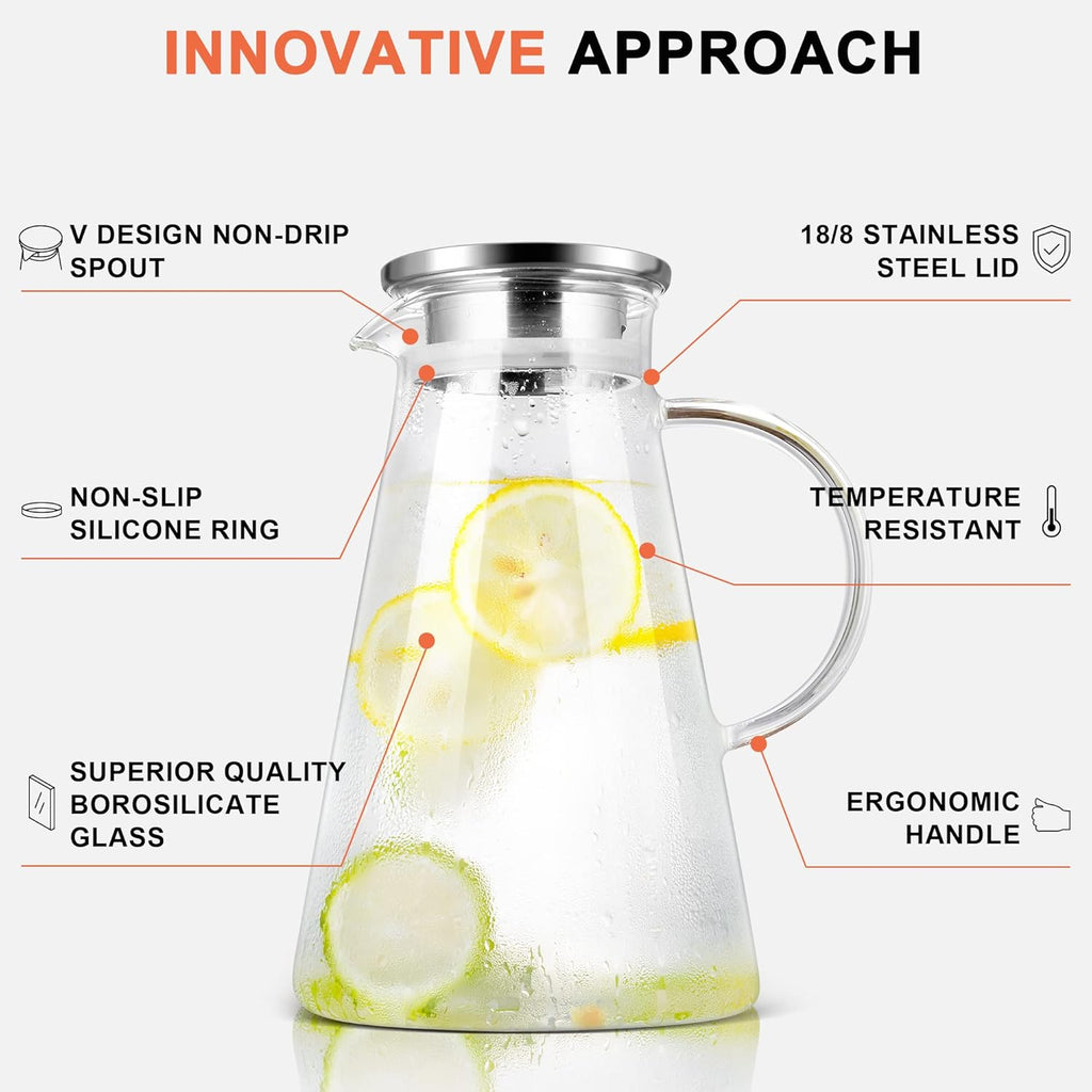 2.0 Liter 68oz Glass Pitcher with Lid, Easy Clean Heat Resistant Glass Water Carafe with Handle for Hot/Cold