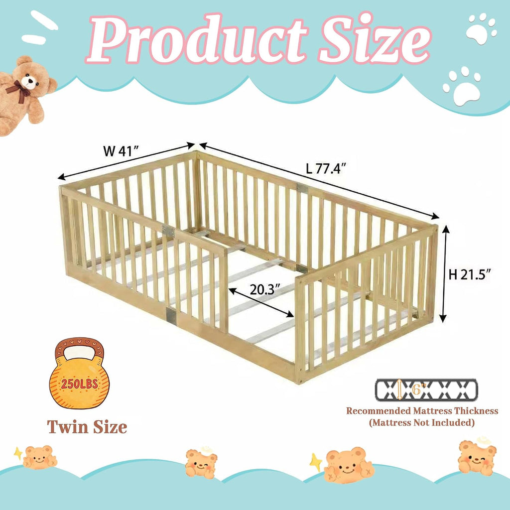 Montessori Floor Bed with High Rails and Slats, Solid Wood Floor Bed Frame with Fence, Low Wooden Kids Beds