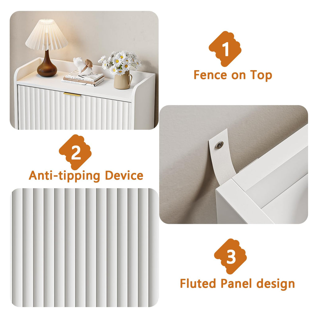 White Fluted Slim Shoe Cabinet Storage with 2 Flip Drawers