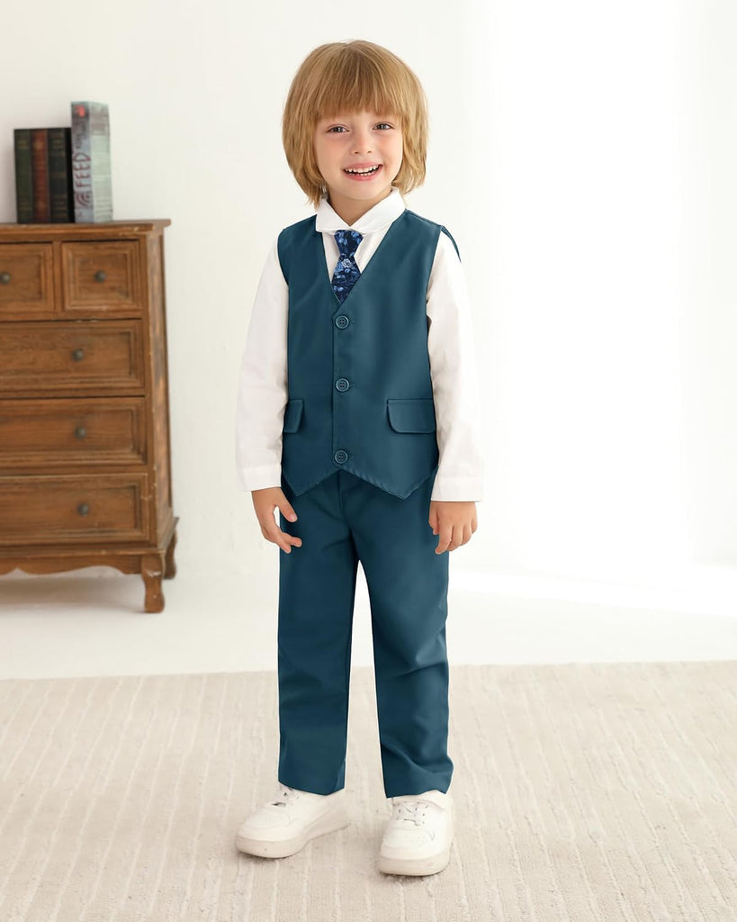 Boy Suit Toddler Boys Formal Dress Outfit Shirt+Printed Tie+Vest+Pants Baby Tuxedo Boys Wedding Clothes