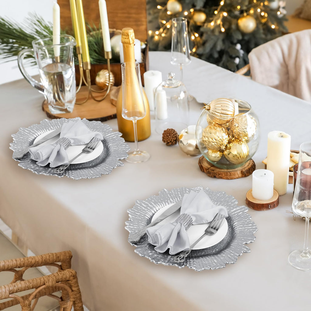 72 Pcs Christmas Charger Plates Set Bulk 24 Pcs 13'' Floral Reef Plates, Napkin Rings and Cloth Napkins Plastic