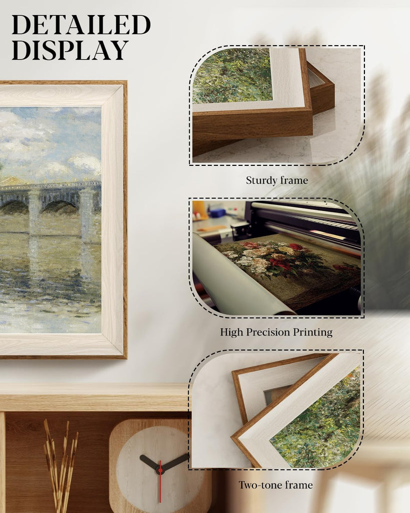Vintage Canvas Wall Art Framed, Nature Landscape Claude Monet Impressionist Painting Artwork The Seine Basin At