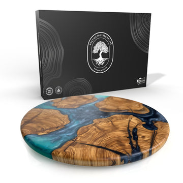 Handmade Olive Wood Round Resin Cheese & Charcuterie Board - Circular Decorative Epoxy Cutting Board with Unique Blue