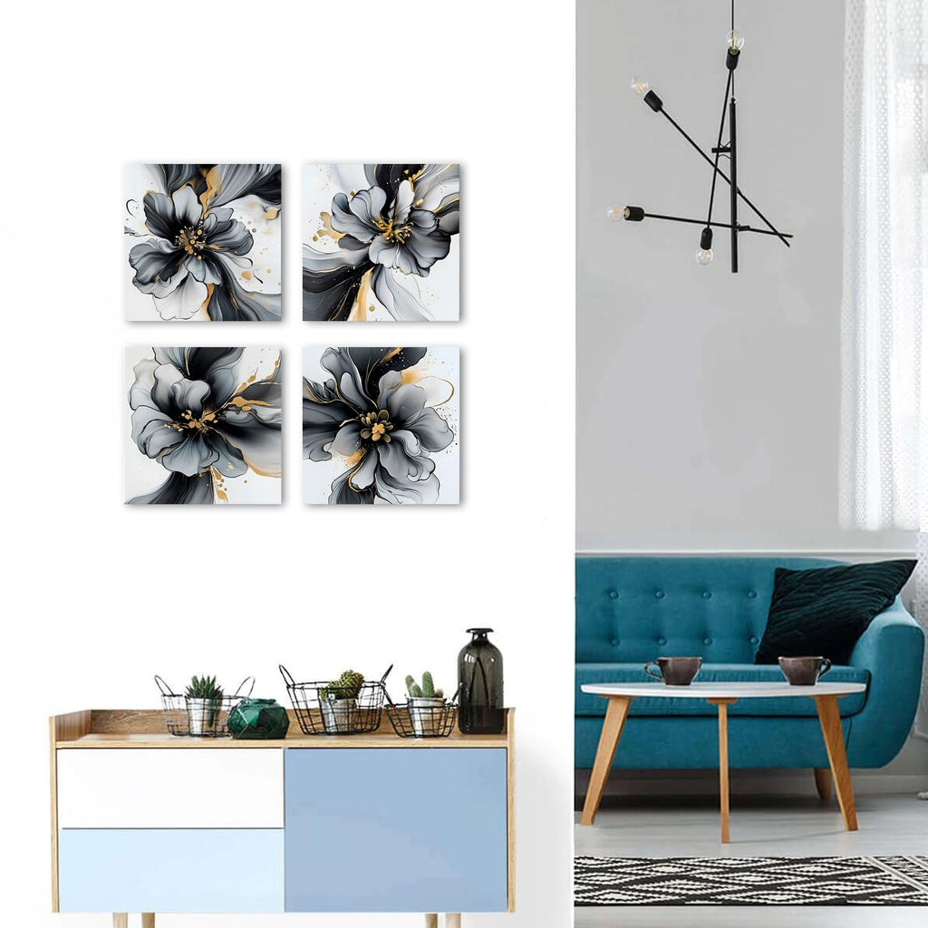 Black and White Abstract Wall Art Framed Marble Flowers Pictures Bathroom Wall Decor Gold Foil Fluid Lines Posters