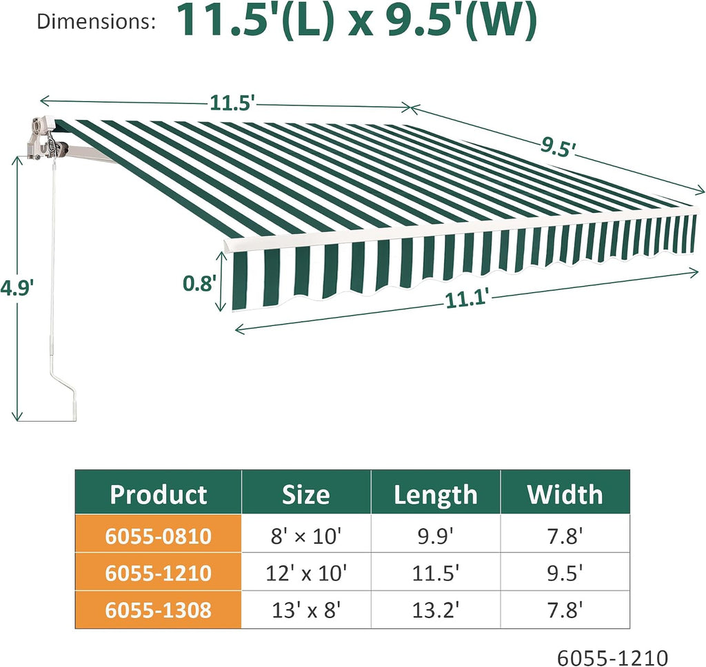 11.5x9.5 Feet Manual Retractable Patio Door Window Awning Sunshade Shelter Outdoor Canopy, 1210 (Green with White