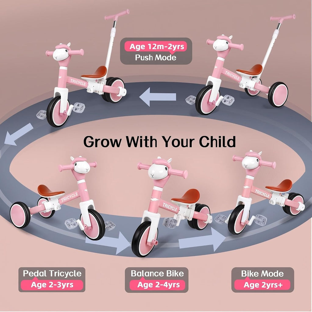 In-1 Kids Tricycle with Lights & Music, Adjustable Push Kids Bike for 1-5 Year Olds, Kids Balance Bike & Tricycle