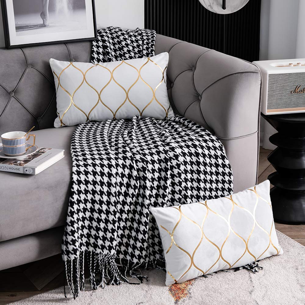 Gold Velvet Throw Pillow Covers Off White: 2 Pack 12x20 Inch Rectangular Decorative Pillow Cases Sofa Couch Living